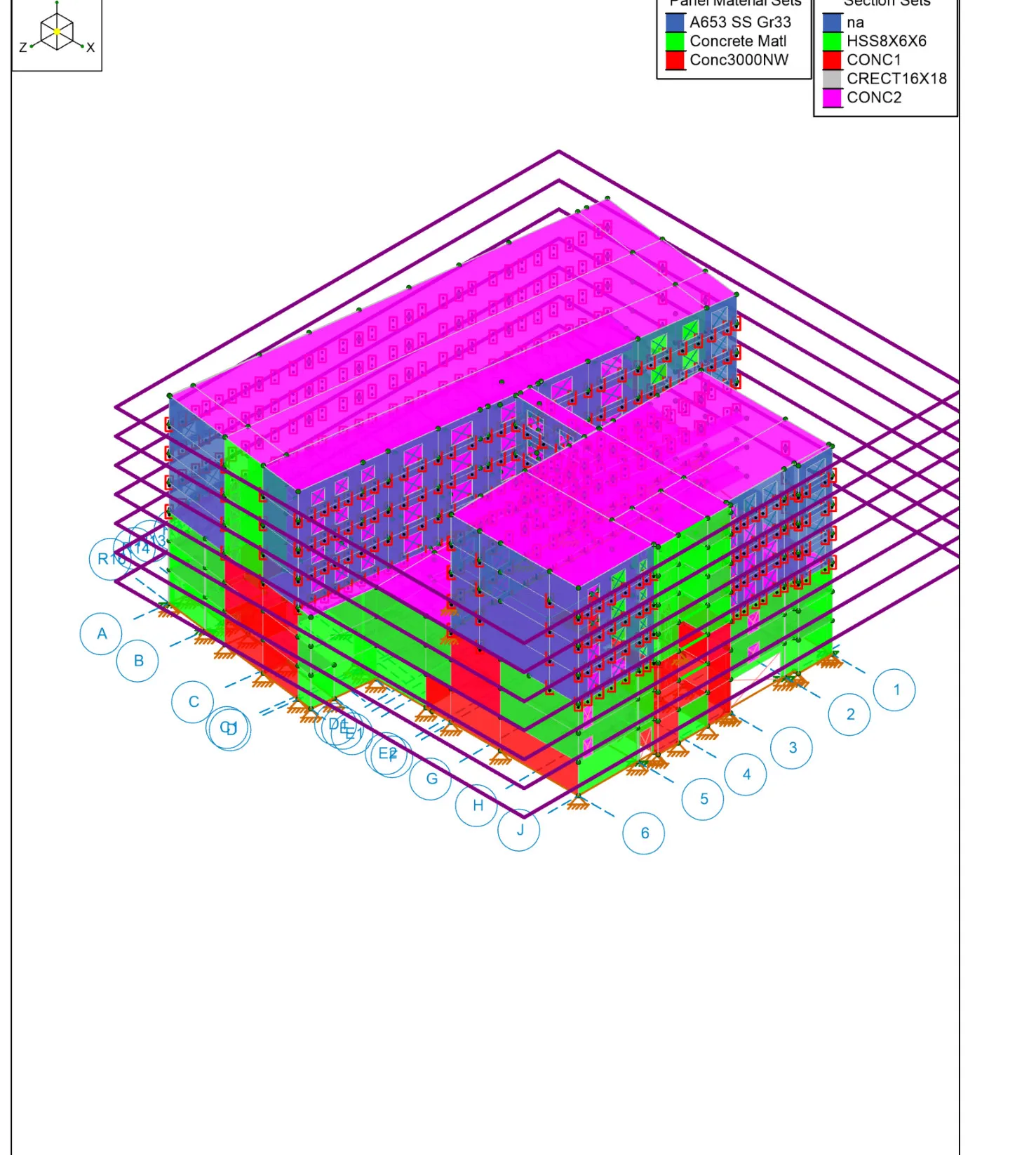 Materials & sections — The same 3D analysis model, showing member materials and section sets
