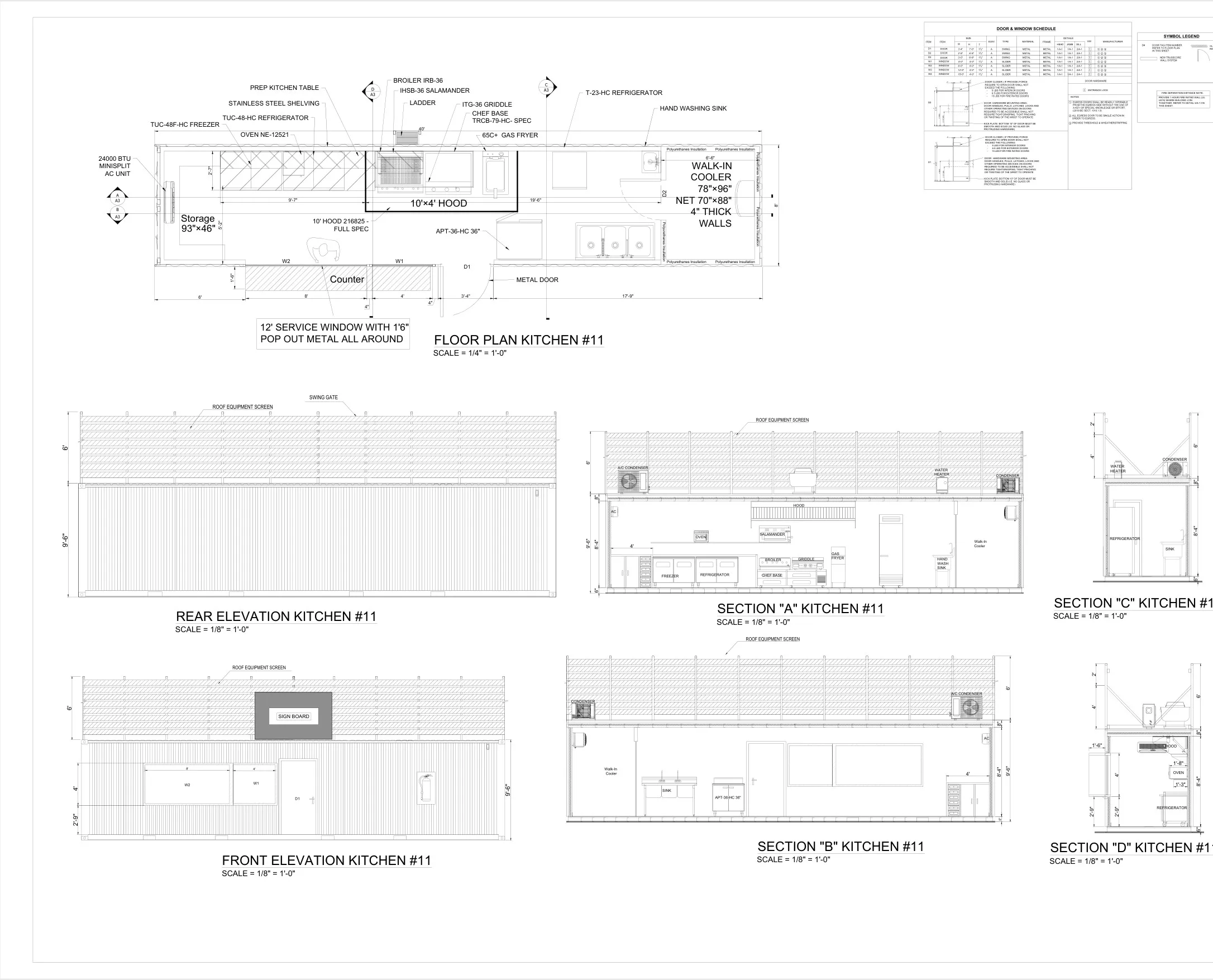 Container kitchen — plan, elevations & sections