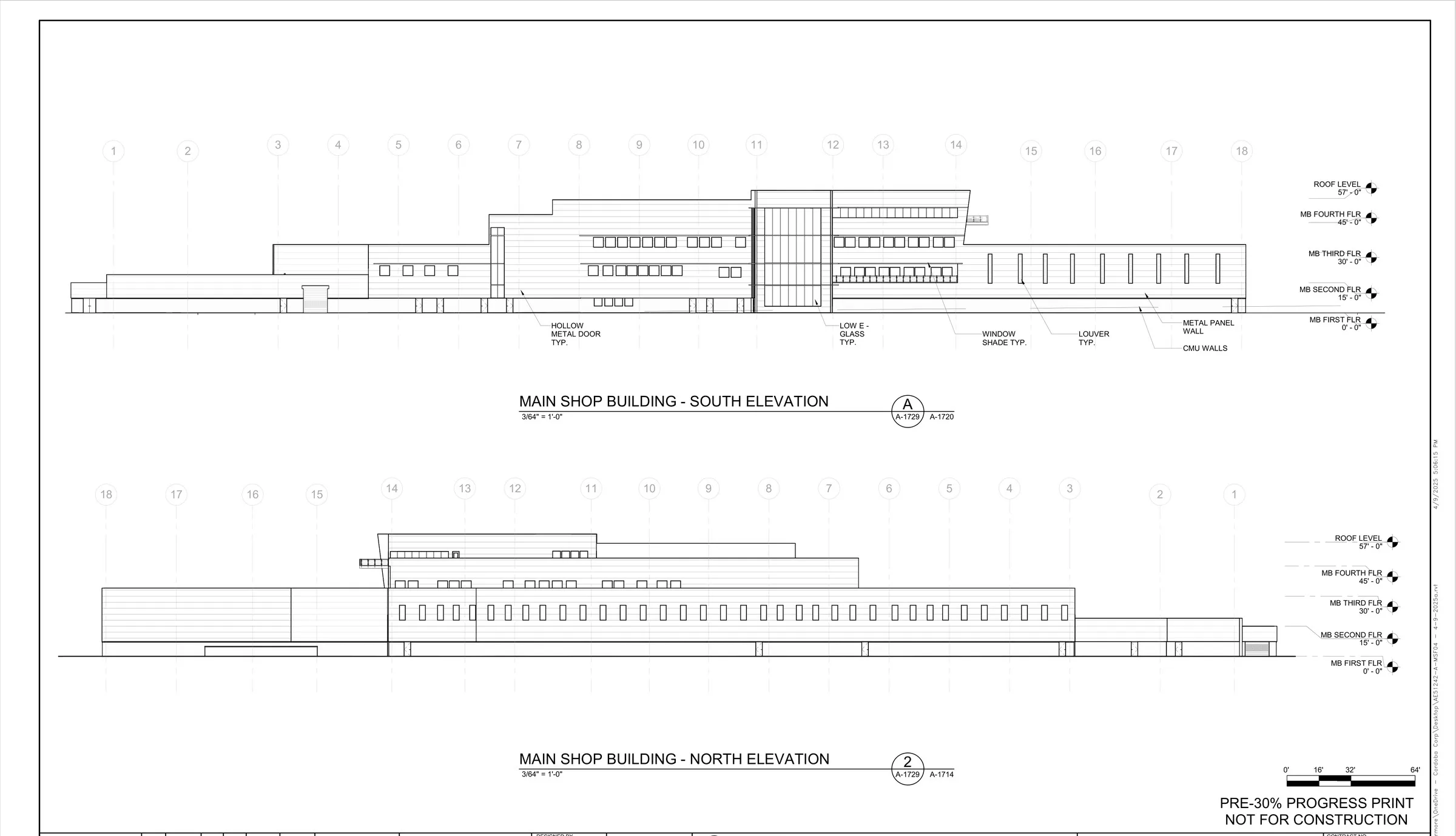 Main shop — south & north elevations