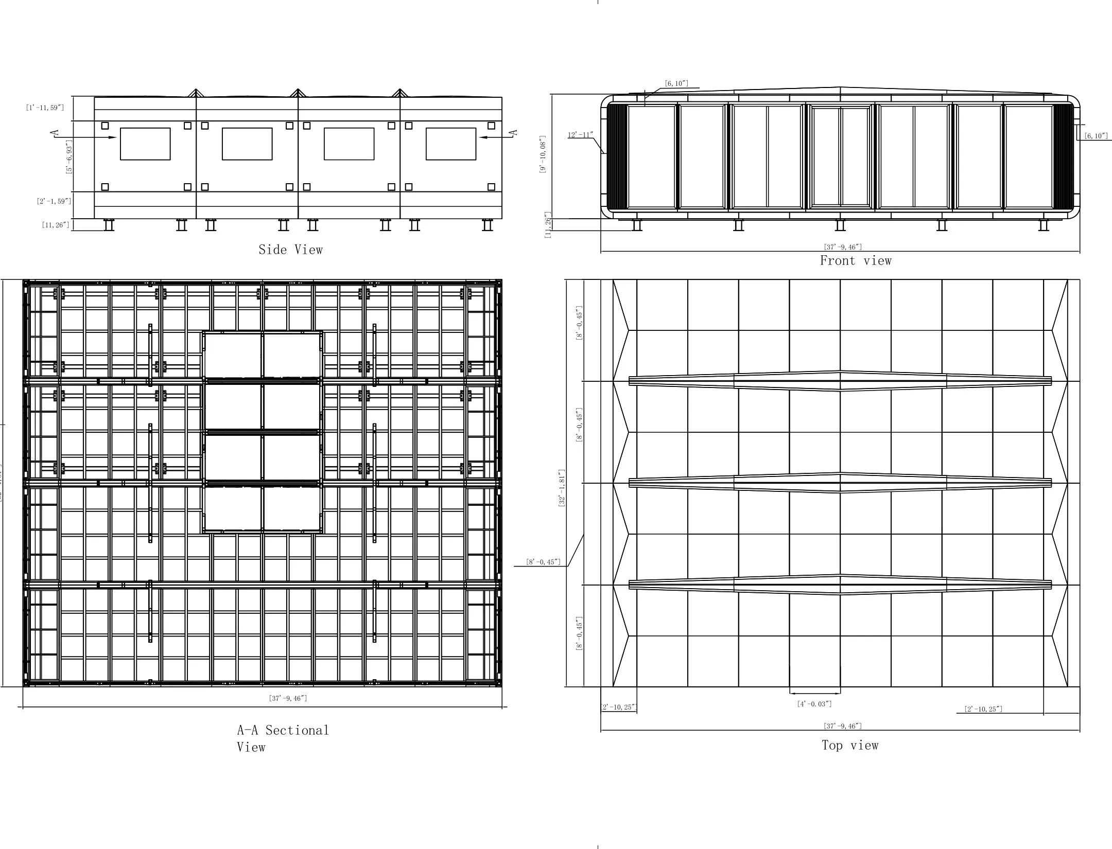 Module side, front and top views