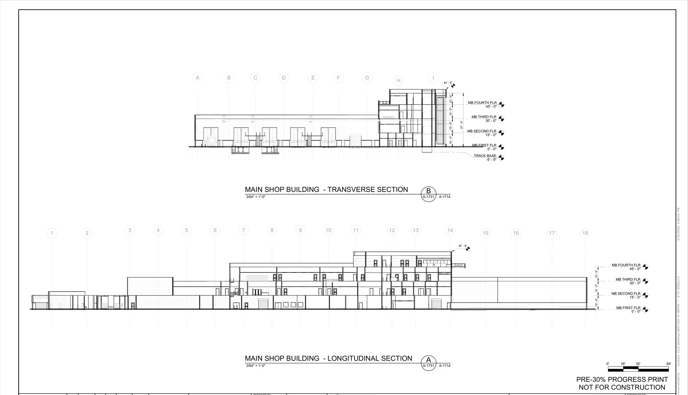 Main shop — transverse & longitudinal sections